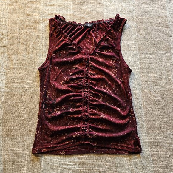 y2k Wet Seal Summery Sheer Red Paisley Cinched Slinky Sleeveless Blouse - Picture 2 of 7